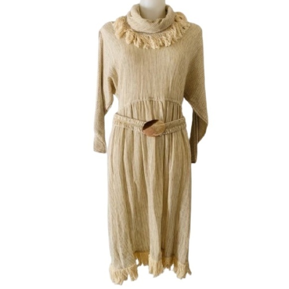 Vintage Cream Fringe Boho Chic Knit Long Sleeve Cowl Neck Dress Size 3/4 - Picture 1 of 8